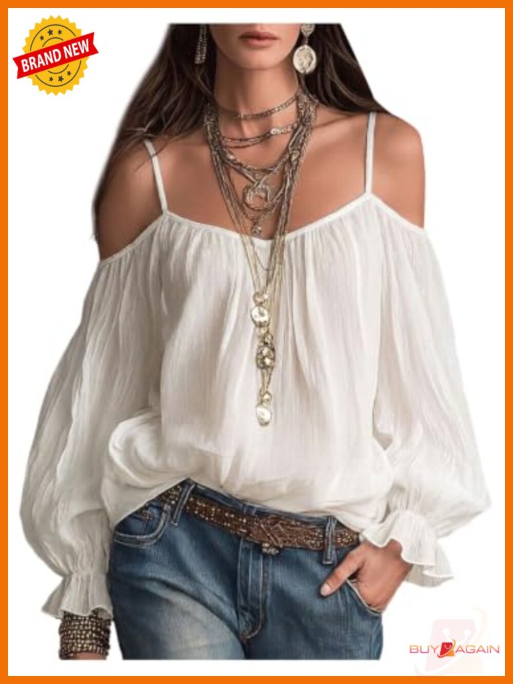 Women's Cold Shoulder Ruffle Long Sleeve Boho Blouse V-Neck Top